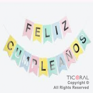 BANDERIN FELIZ CUMPLEAOS PARTY MULTICOLOR PASTEL CON STAMPING x 1